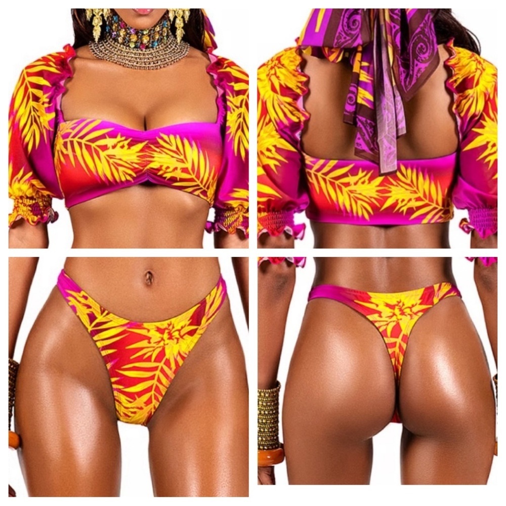 New! BFyne Tropical Floral puff sleeve thong Bikini Set 3464